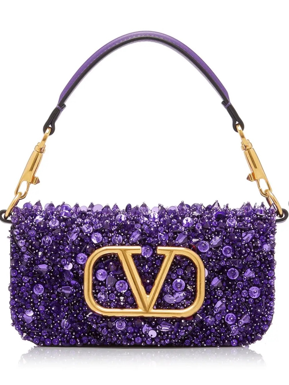 New with tags Valentino Garavani Purple Sequin Shoulder Bag with Gold V Logo